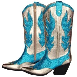 Luxe Cowboy Laarzen Goud/Turquoise Glitter 13 Luxe Cowboy Laarzen Goud/Turquoise Glitter -Vakantie Feest Winkel pwhlaars turq 3gr